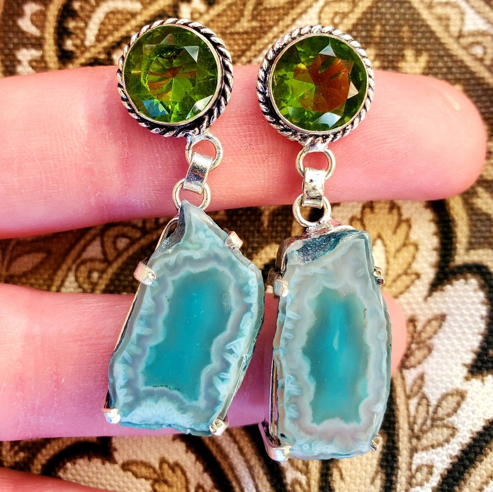 New Peridot & Agate Druzy 925 Silver Stud Earrings.